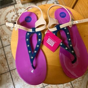 Gioseppo Women’s Purple Jelly T-Strap Sandals with Navy and Cream Details